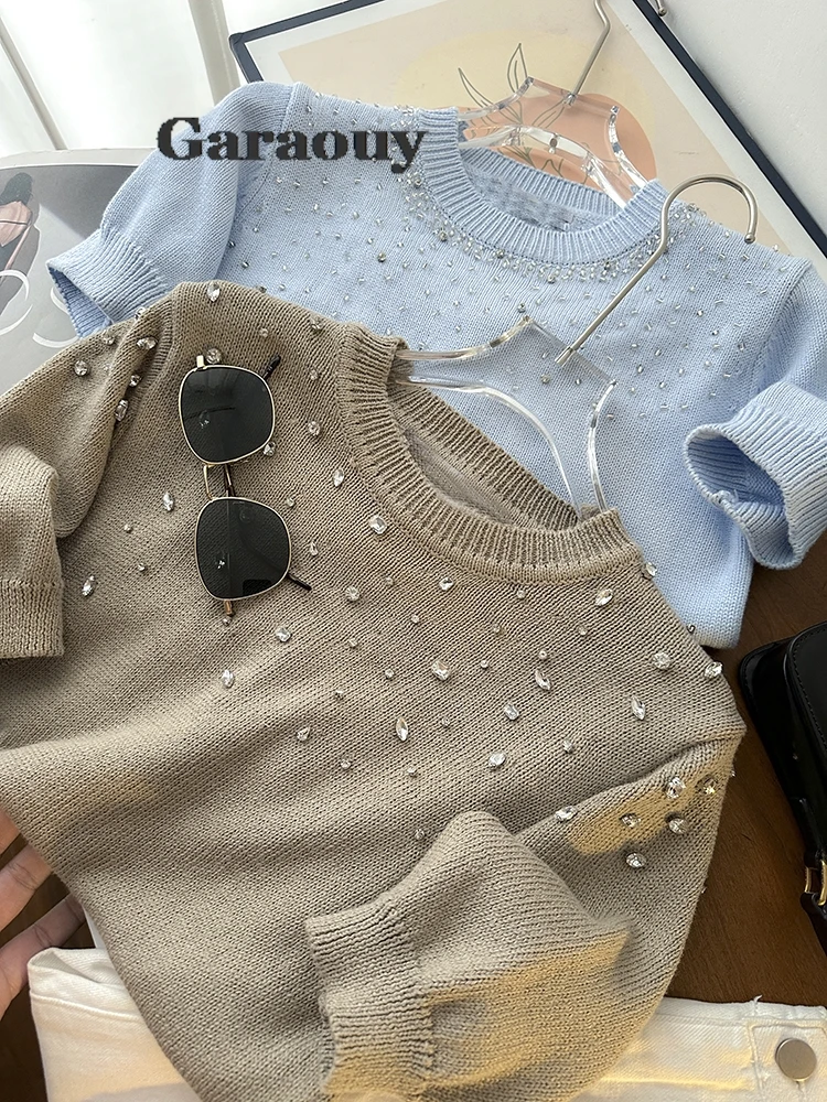 Garaouy 2024 Summer Round Neck Short Sleeve Knitted Sweater For Women Diamond-Encrusted Versatile Slim Casual Knitwear Pullover