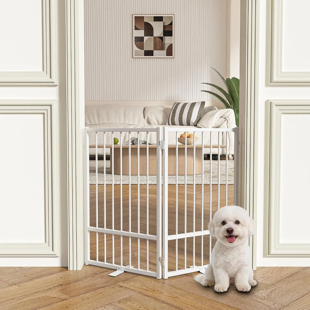 Full Metal Freestanding Dog Gate with Door 32in Tall Foldable Pet Fence 2 Panel Indoor Outdoor