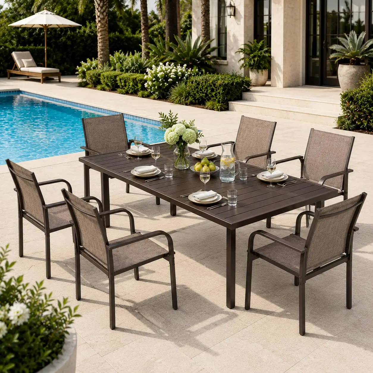 7-Piece Patio Dining Set Metal Table 6 Textilene Chairs Outdoor Garden Furniture, Customized