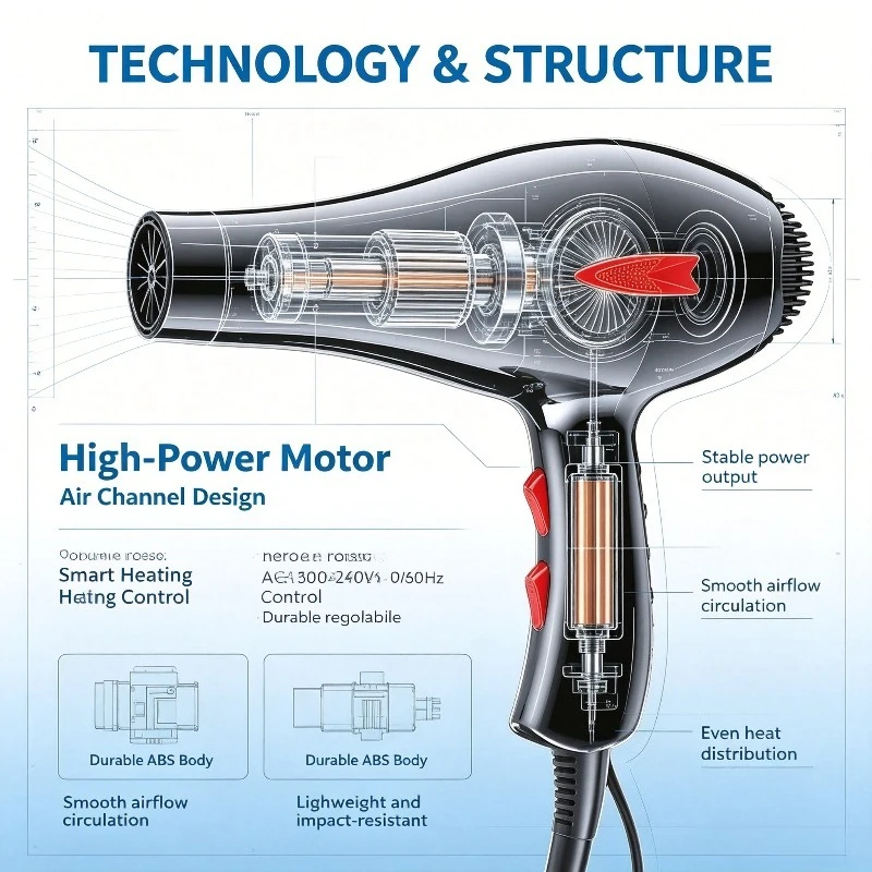 Secador de pelo profesional WETECH W1111, secador de pelo de alta potencia de 3000W, temperatura y velocidad del viento ajustables con 2 boquillas concentradoras, herramienta de peinado para el hogar y el salón, voltaje universal AC100-240V
