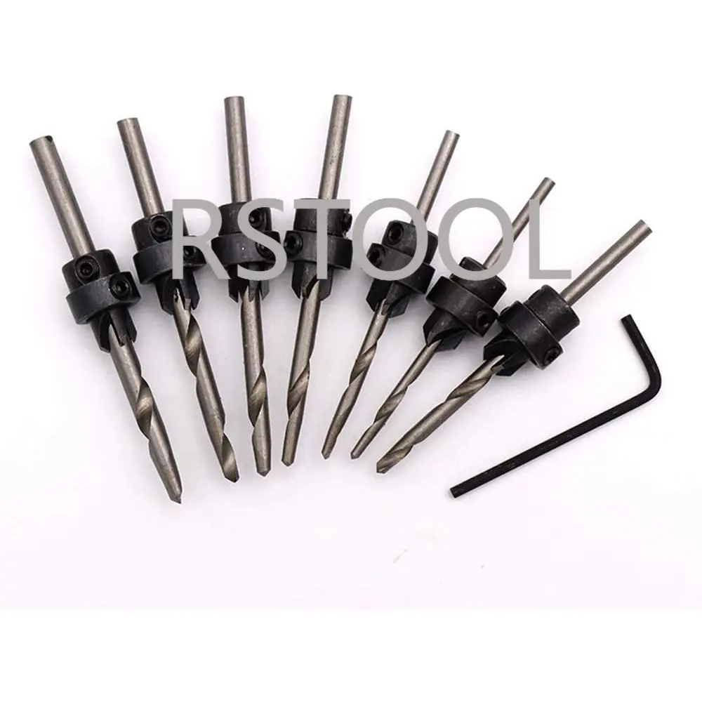 

7PCS HSS Woodwork Tapered Countersink Drill Bits Set Depth Stop Adjustable Collar Woodworks Wood Tools Small Wrench Set