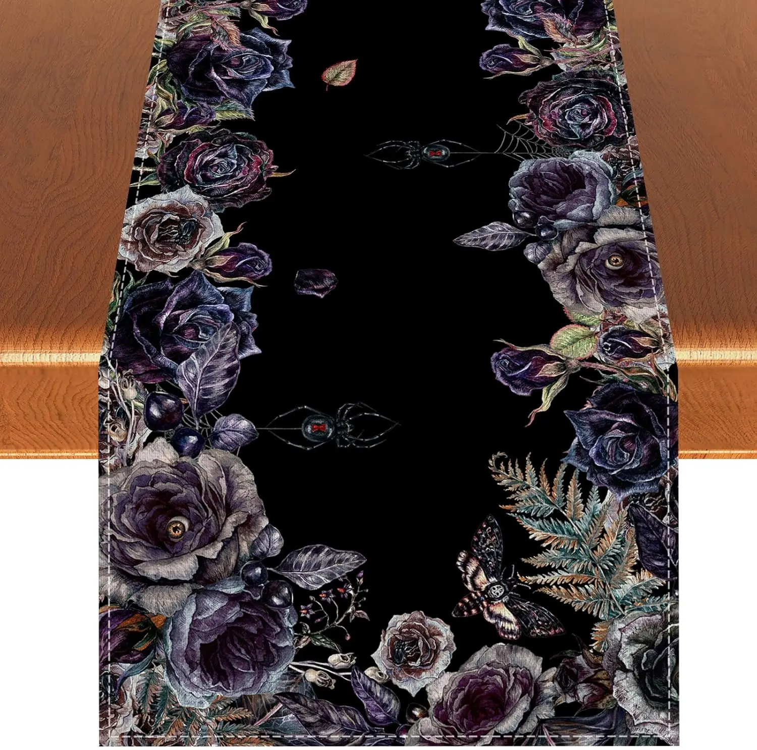 Halloween Gothic Roses Skull Linen Table Runner Holiday Party Decor Reusable Kitchen Dining Table Runners Halloween Decoration