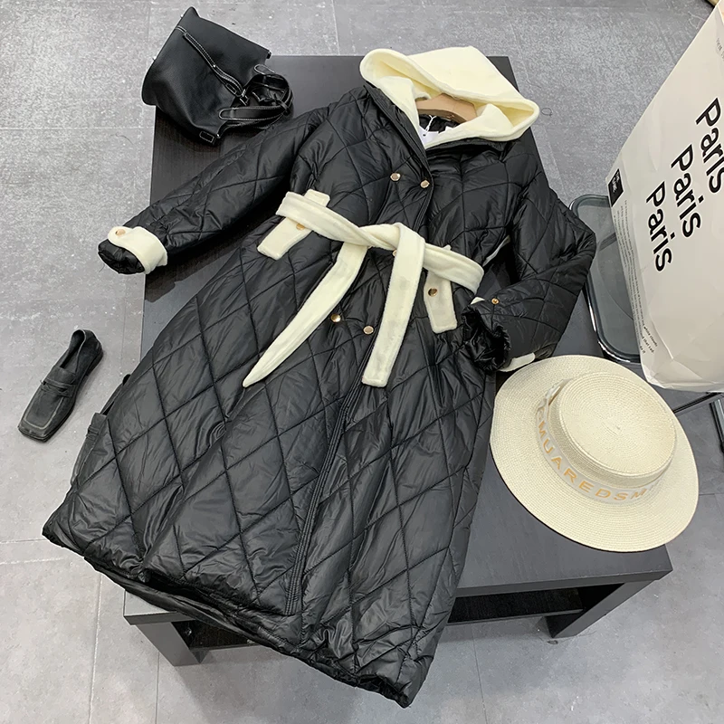 

Women's Winter Cotton Jaet Hooded Splicing Design Medium-Length Outerwear Casual Commute Sle Long Sve Loose Fit