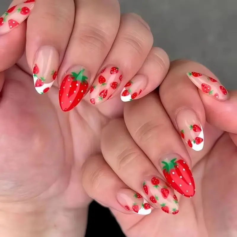 24PCS Sweet Girls False Nails with Glue Cute Red Strawberry Pattern French Press on Nails Full Cover Simple Almond Wearable Nail