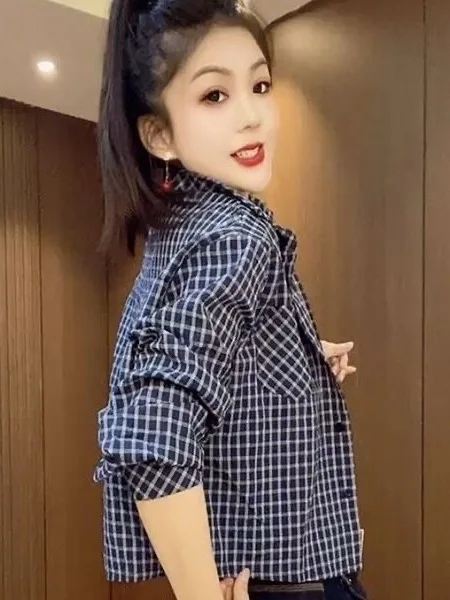 

Retro Plaid Casual Shirt Loose Fit Short Sleeve Long Sleeve Collar Women's Fashion Outerwear Early Autumn New Arrival