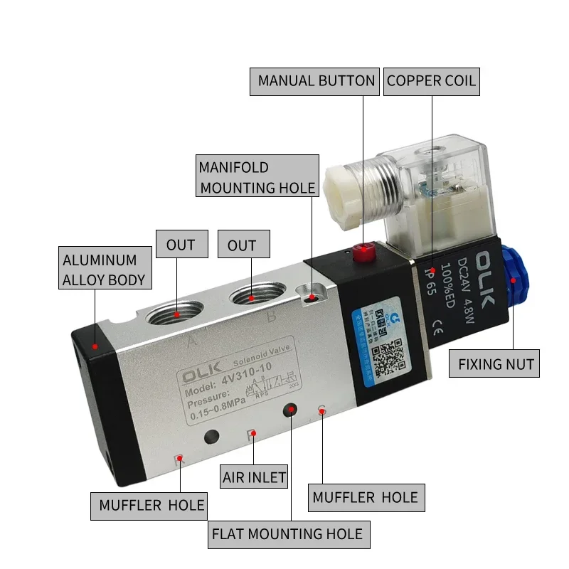 4V210-08 4v110-06 Pneumatic 5 Way Air Valve 5/2 Electromagnetic DC12V DC24V Solenoid Valves Controller AC110V AC220V 4V310-10