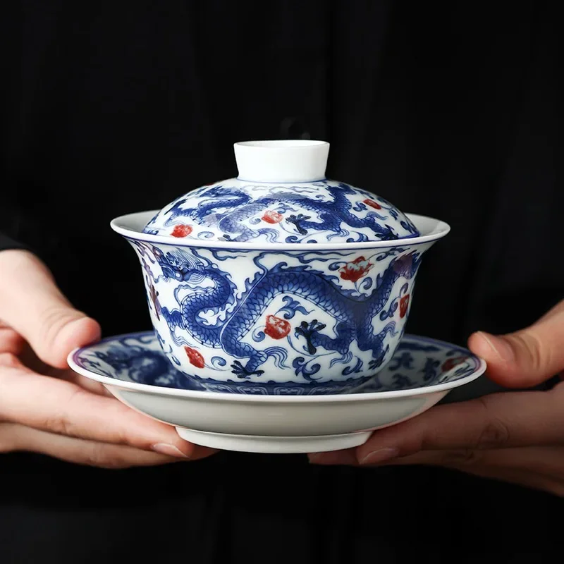Jingdezhen Dragon and Phoenix Cover Bowl High-end Ceramic Household TeaSet, Tea Drinking Three Talents Make Tea Bowl Decoration