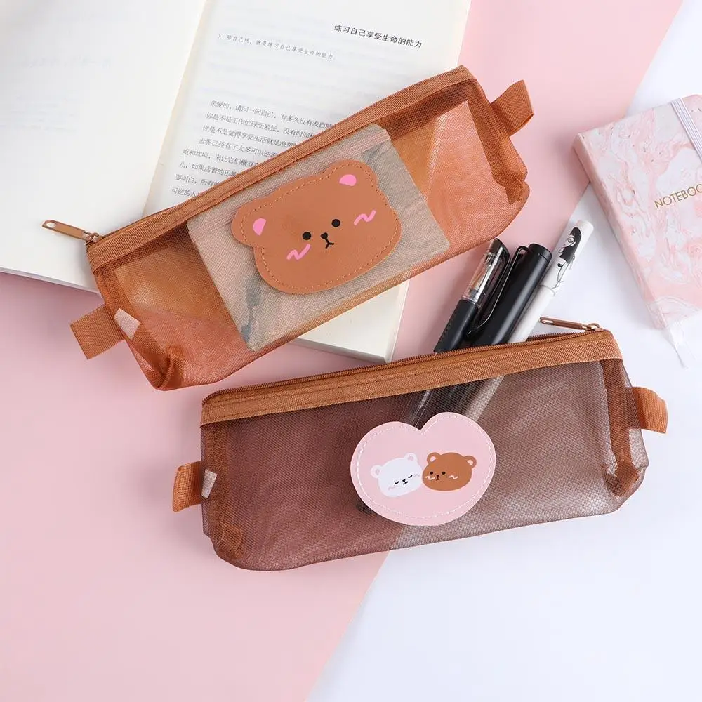 

Brown Stationery School Supplies Pen Bag Storage Bags Mesh Pencil Case Bear Pencil Bags Kawaii Pencil Bag