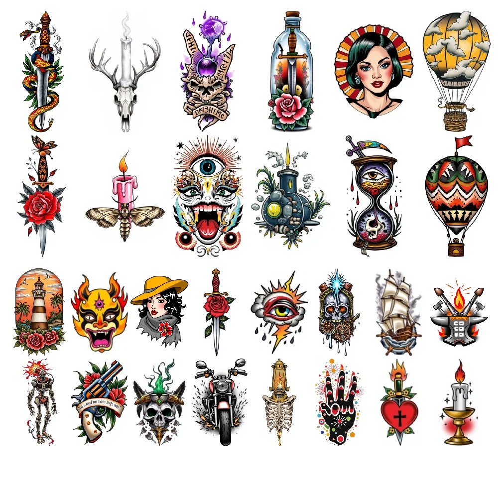28pcs Temporary Tattoo New School Traditional Skeleton Skull With Smoke Heart With Cross For Women Men Arms