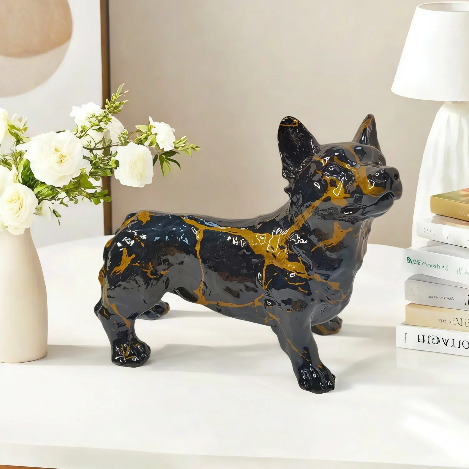 &R% Minimalist Transfer Print Tilted Head Corgi Figurine Creative Resin Statue Home Decor Desktop Gift