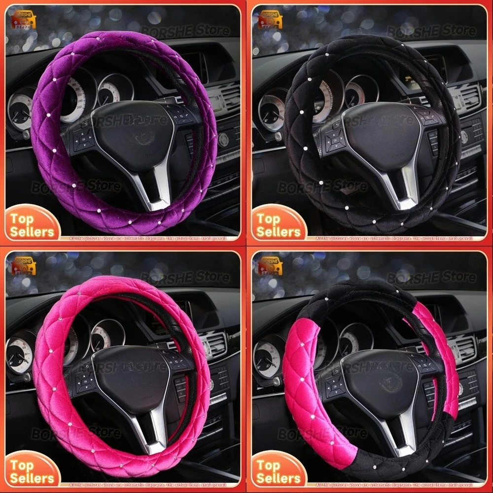 

2026 Suitable for Universal Car Models Soft Plush Diamond-Studded Steering Wheel Cover Warm Winter Accessory for Women