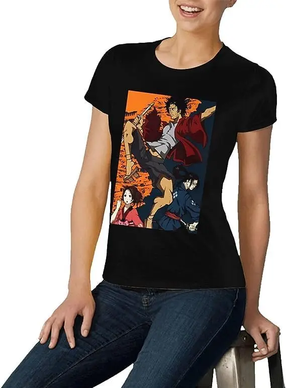 Samurai Anime Champloo Shirt Women's Fashion Short Sleeve Cotton T Shirts Quick Dry Pattern Custom Tee Tops Black