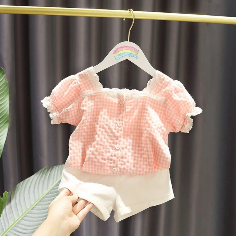 

2Pcs Girls Summer Outfits Clothes Sets Solid Puff Sleeve Button Shirt Tops + Drawstring Shorts Baby Children Clothing Suits