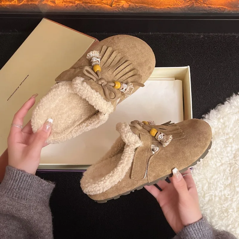 

Зима 2024, новые женские тапочки на плюшевой подкладке, модные женские шлепанцы на плоской подошве, короткие плюшевые домашние женские тапочки на толстой подошве, Mujer Botas