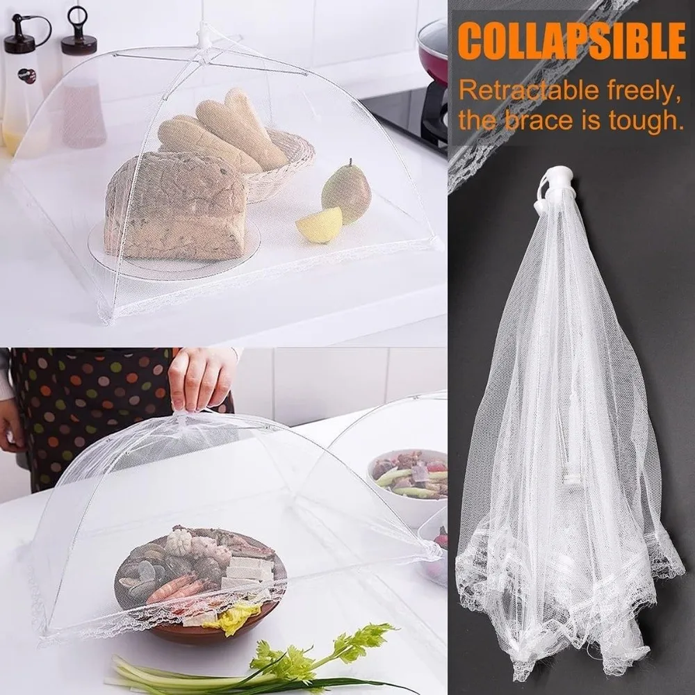 Easy Storage Foldable Food Mesh Cover Breathable Lace Edges Food Umbrella Reusable Hanging Loop Food Tent Home Meal Protection