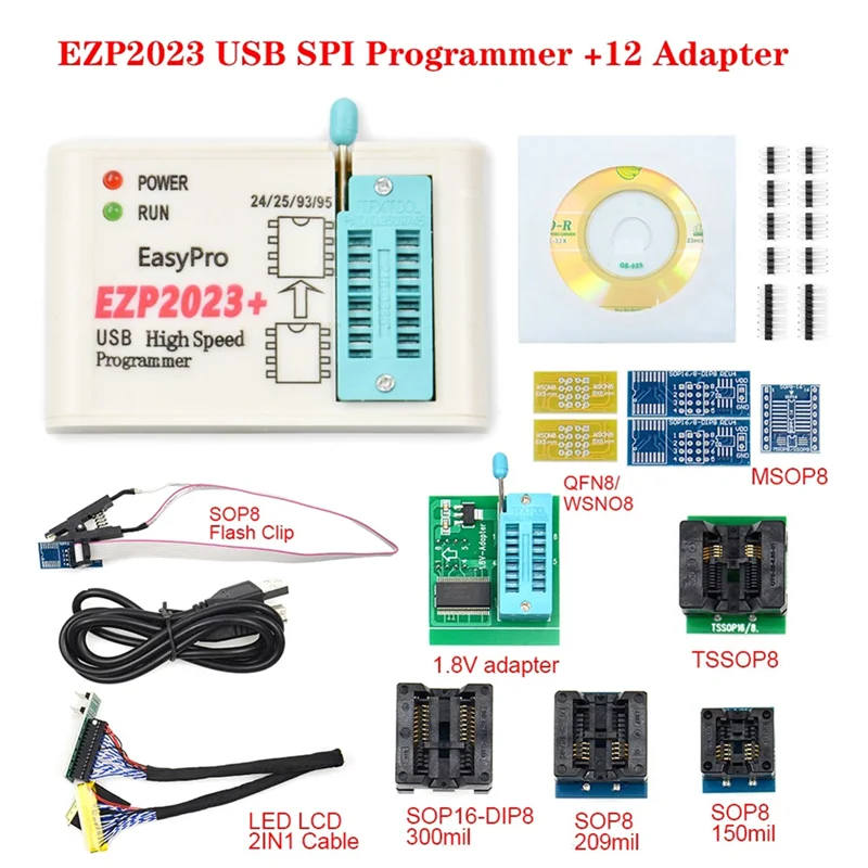 EZP2023+ High-Speed SPI FLASH Programmer Full Set+12 Adapters Support 24/25/93/95 EEPROM Bios 25T80 Burning Offline Copy-Hot