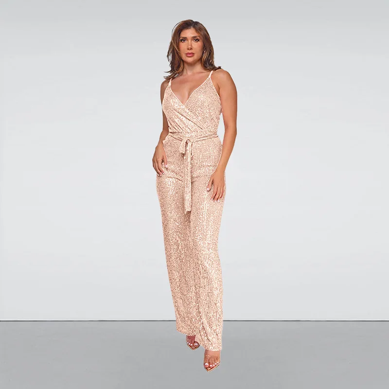 

Women's Sleeveless Suspender Sequined Jumpsuit Independent Station Deep V Temperament Belt Wide Leg Jumpsuit