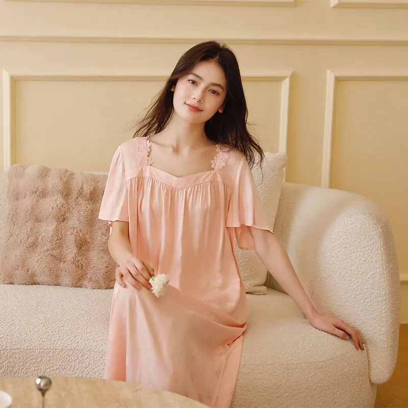 

2025 Court Style Satin Jacquard French Sweet Simple Long Short-sleeved Nightgown Lace Square Collar Viscose Night Dress Women