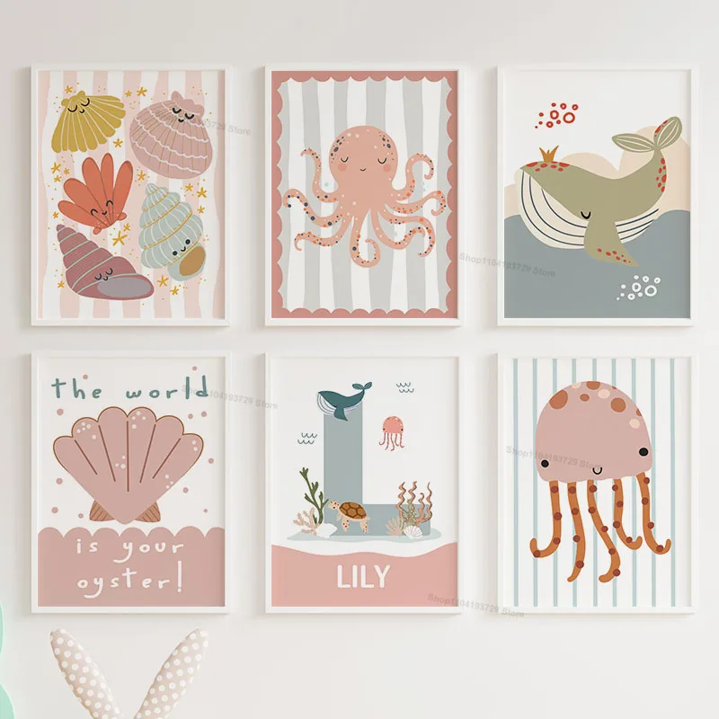 Cartoon Whale Octopus Jellyfish Scallop Custom Name Nursery Wall Art Canvas Posters and Prints Pictures for Baby Kids Room Decor