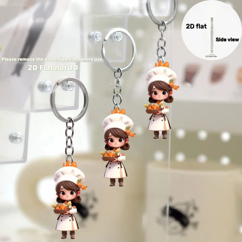 2D Cooking Girl Keychain Flat Acrylic Creative Backpack Accessory Keyring Home Decor Holiday party Gift For Her Lady Friends