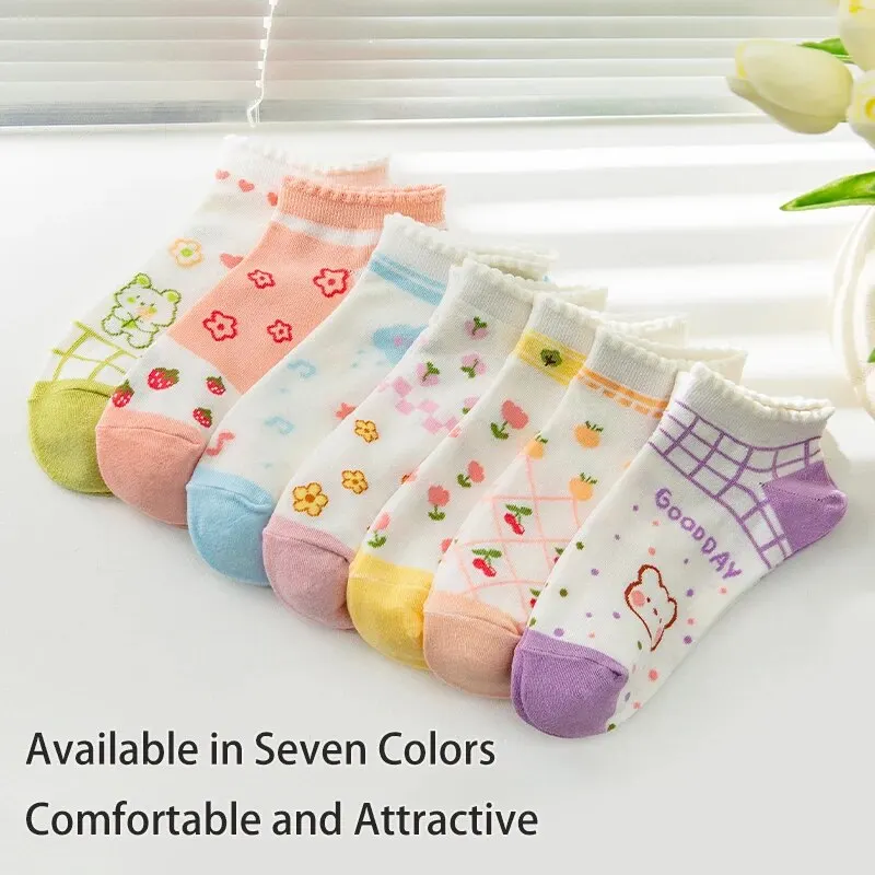 7 Pairs of Women\'s Spring and Summer Four-season Floral Strawberry Cherry and Cartoon Bear Cute Sweet and Comfortable Socks