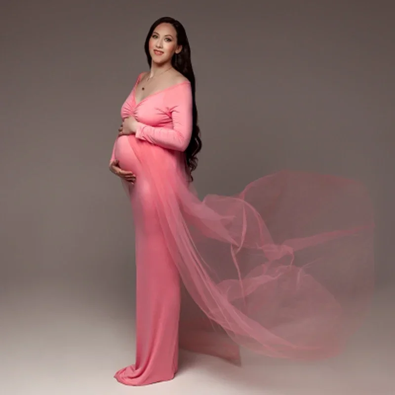 Maternity Tulle Maxi Dresses Baby Shower Cotton Trailing Dress Stretchy Pregnant Woman Pink Elegant Photography Dress