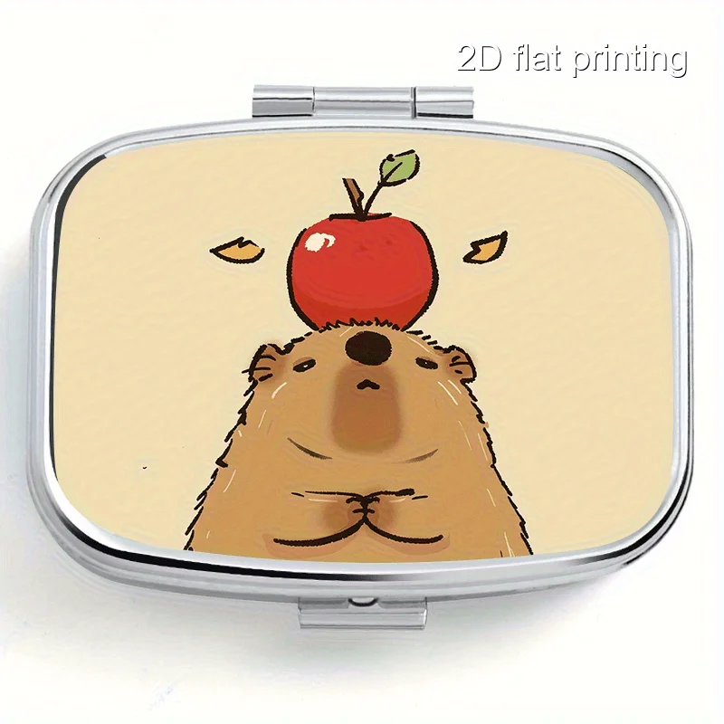 1 Square Pill Box with Apple Capybara Pattern Print, Double-Compartment Metal Box, Mini Portable Pill Box, Suitable for Travel, Outdoor Activities, Placing in Your Pocket or Wallet, Can Be Used as a Portable Tablet Case, Multifunctional Metal Box, or for Storing Decorations and Jewelry.