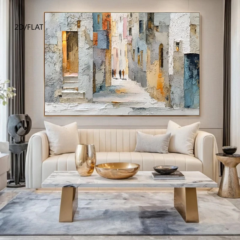 2D Flat Large Abstract Beige Texture Urban Landscape Canvas Wall Art - Unframed Modern European Alley Artworks for Home Decor