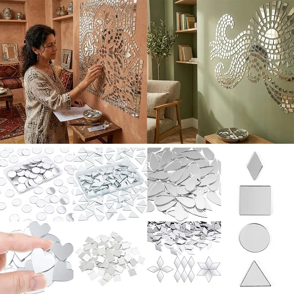 200PCS Multi Shape DIY Craft Mirror Stickers Round Square Triangle Diamond Heart Waterdrop Mirror Tiles Decals DIY Accessories