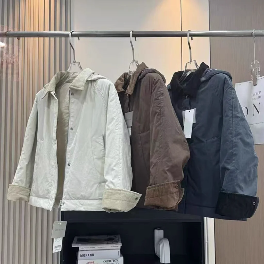 Women's Loose Fit Corduroy Jacket Coat with Detachable Hood Stand Collar Warm Cotton Outerwear Long Sleeve Button Closure