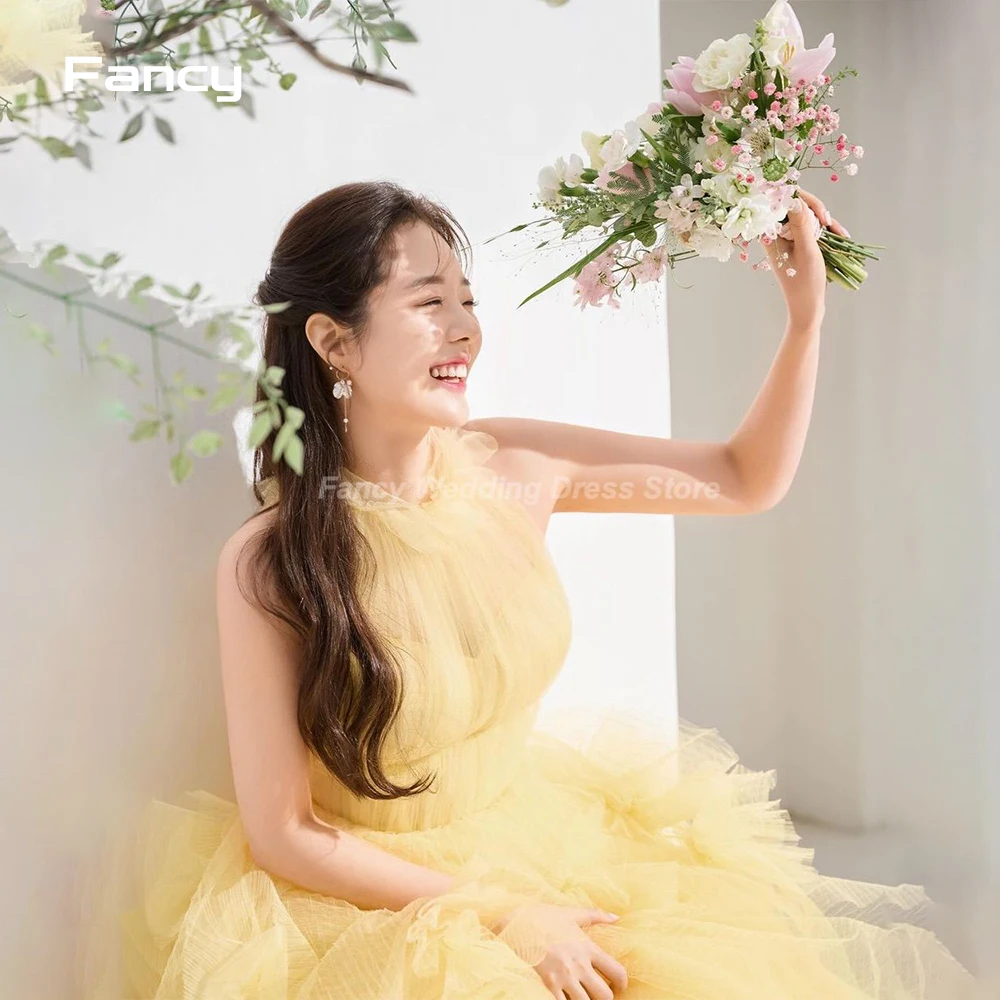 Fantasia simples luz amarela coreia photoshoot vestido de casamento alta pescoço macio tule vestido de noiva sem mangas vestidos de noiva personalizados