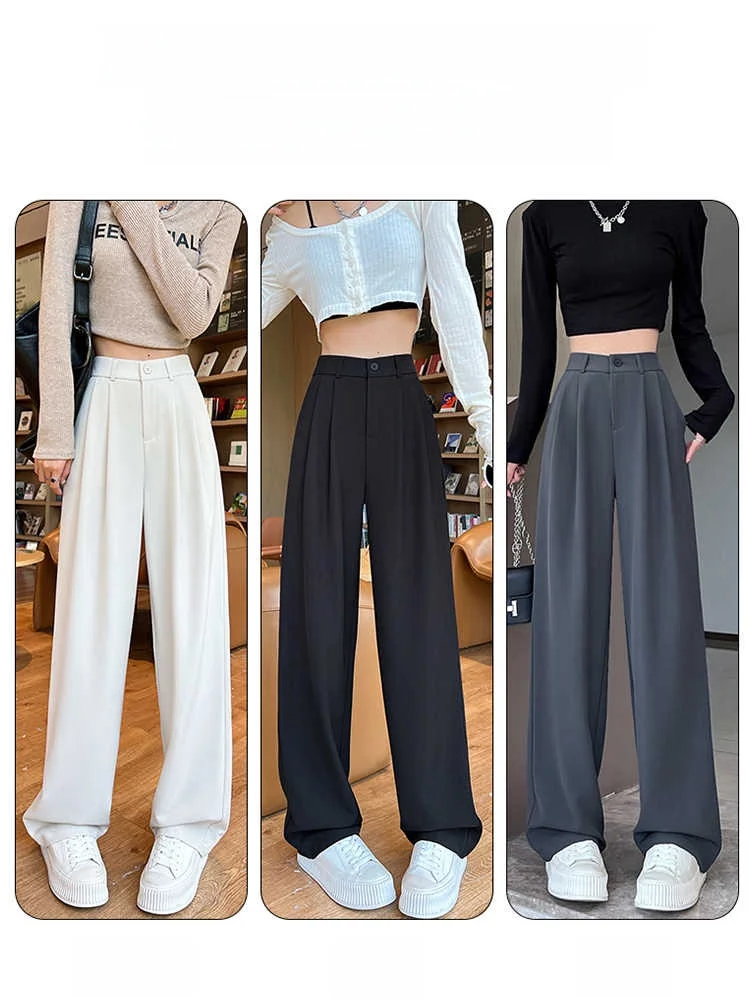 White High Waist Narrow Version Wide Leg Pants Women's Casual Straight Cut Trousers Spring Autumn Season Elegant Suit Pants
