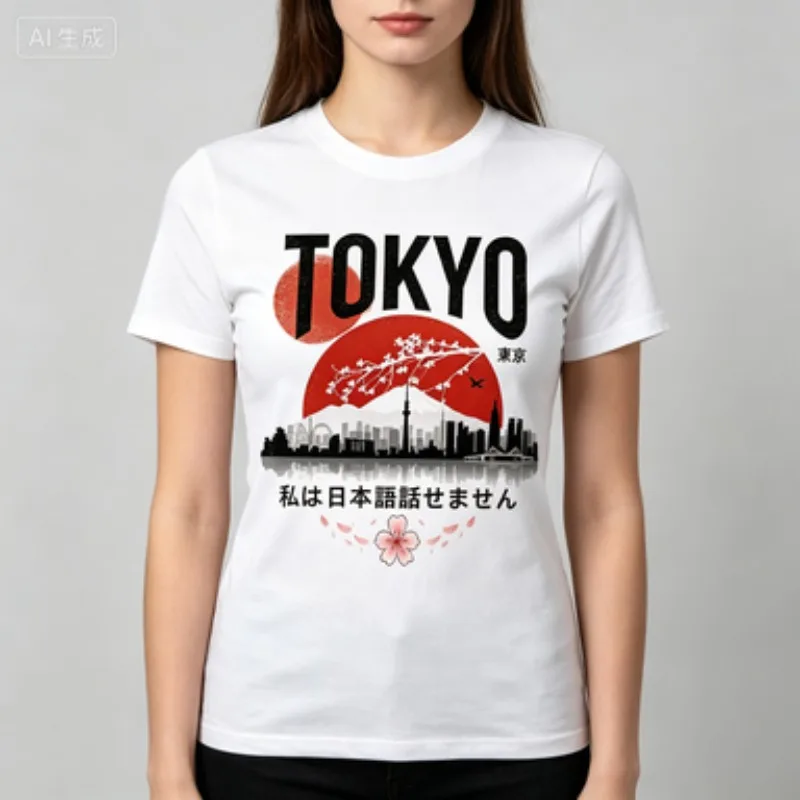 Ladies Cotton Slim Standard Fit Crewneck Tshirt TOKYO Japan Sakura Sunset City View Print Casual Summer Tee Top