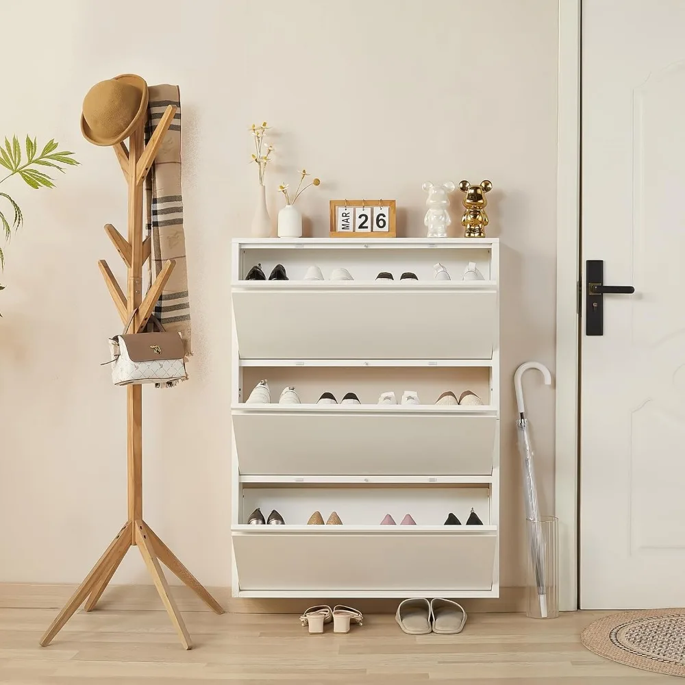 

Stylish Wall-Mounted Shoe Organizer for Entryway - White Shoe Cabinet with 3 Flip-Flop Drawers