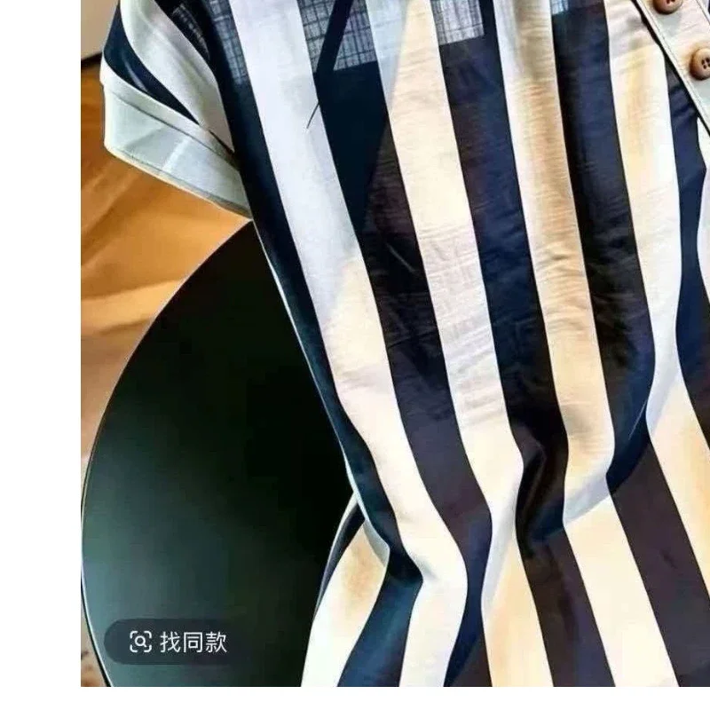 Customization Short Sleeve Button Patchwork Contrast Striped Vintage Shirt Tops Summer All-match Elegant Blouse Office Fashion view 5