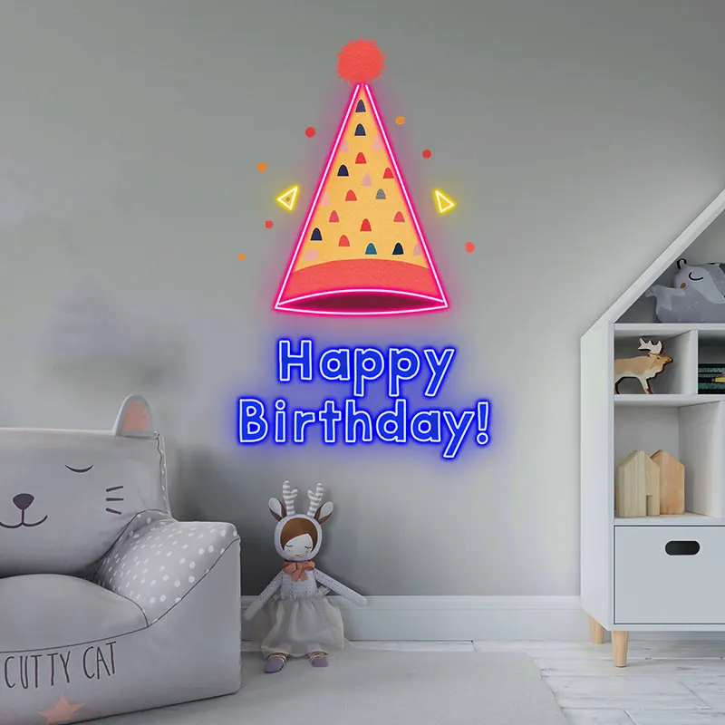 Kids Party Hat Happy Birthday Neon Light – Bright and Festive LED Sign with Fun Colors, Perfect for Birthday Party Decorations