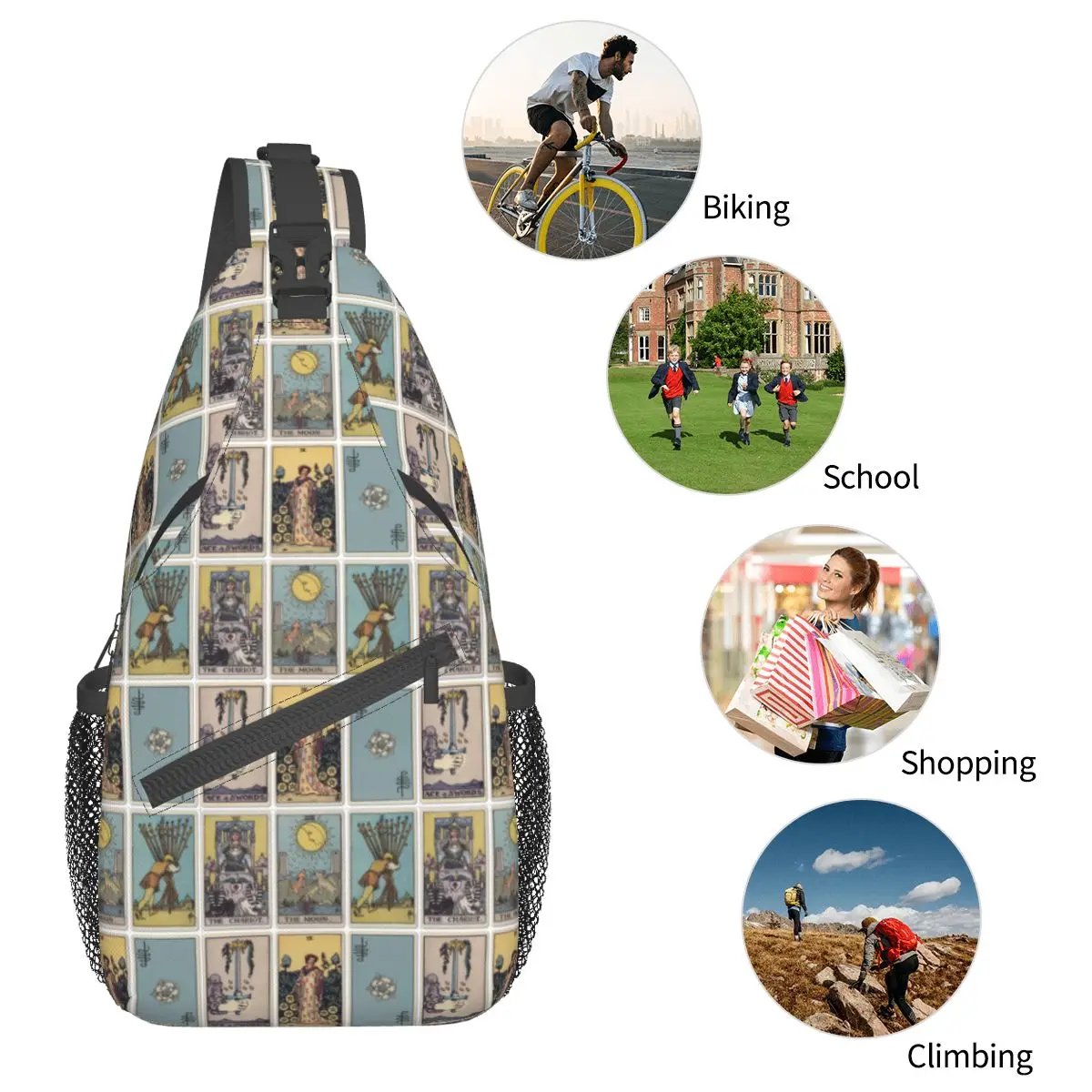 Okultystyczna karta tarota torba typu Crossbody Sling Bag wydrukowana torba na klatkę piersiowa plecak plecak na ramię czarownic na piesze wycieczki sportowe