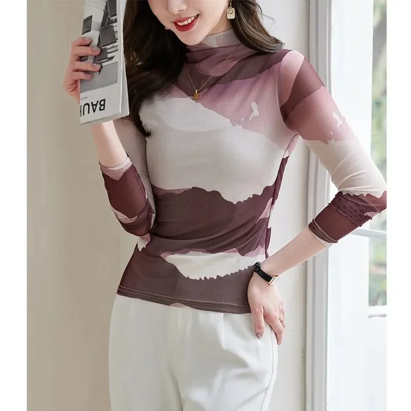 Printed Mesh Bottoming Long-sleeved Spring and Autumn T-shirt Slim-fitting Sunscreen Slimming Top for Women