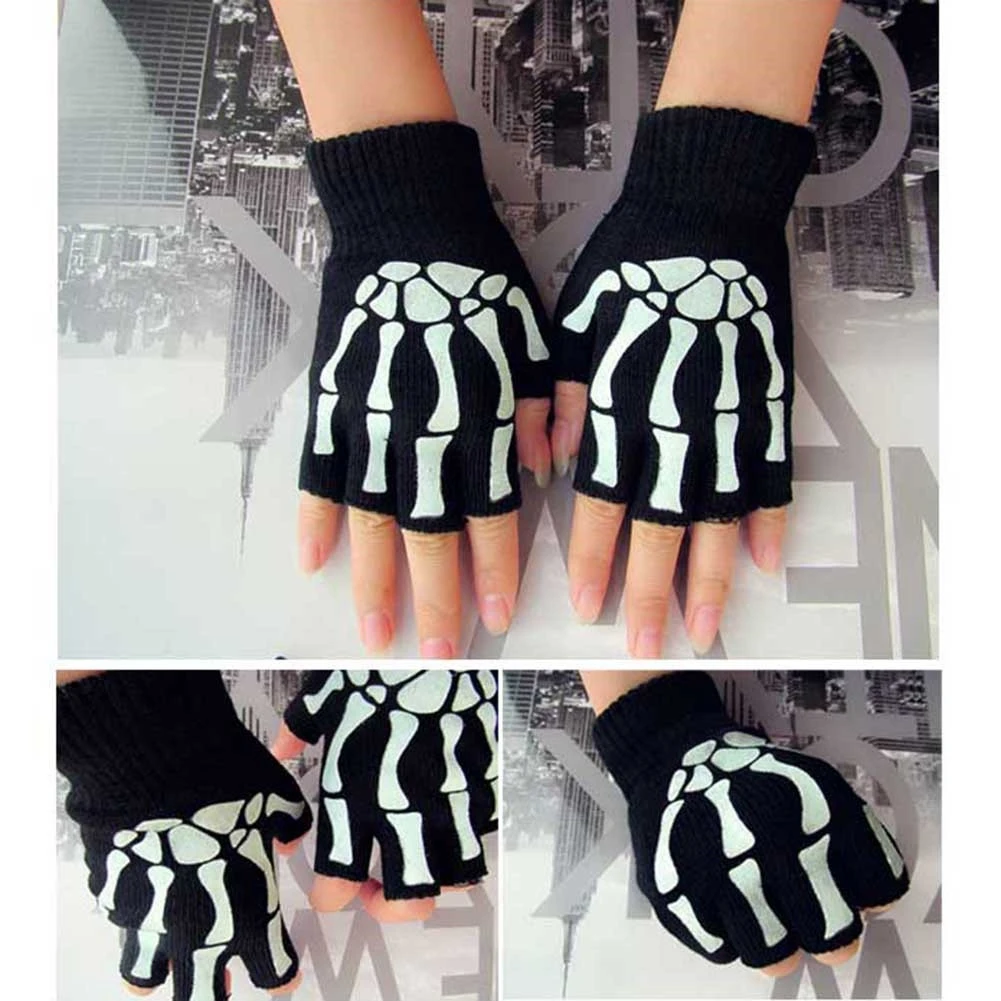 Skull Punk Gloves Neutral Half Finger Ghost Claw Knitted Gloves Exposed Finger Spot Nightlight Fingerless Elastic Gloves