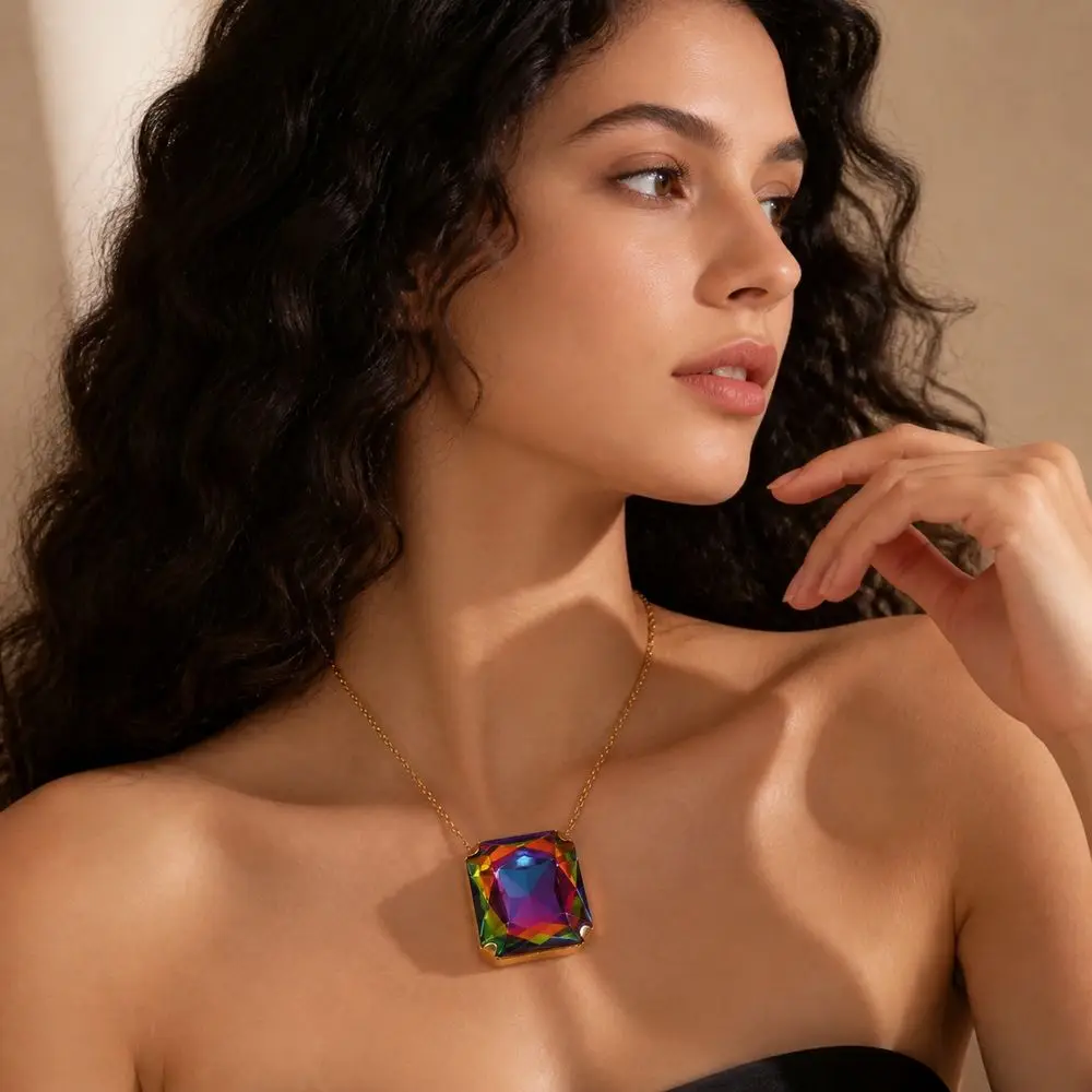Square Shape Square Rhinestone Pendant Necklace Large Size Exaggerated Giant Crystal Necklace Rhinestone Crystal