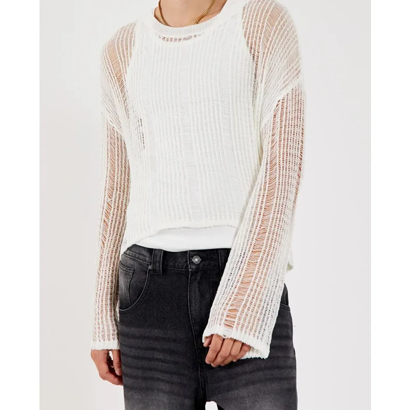 

Мужской ажурный и слегка прозрачный мужской свитер с длинными рукавами, новый эластичный свободный и универсальный вязаный свитер, мужской