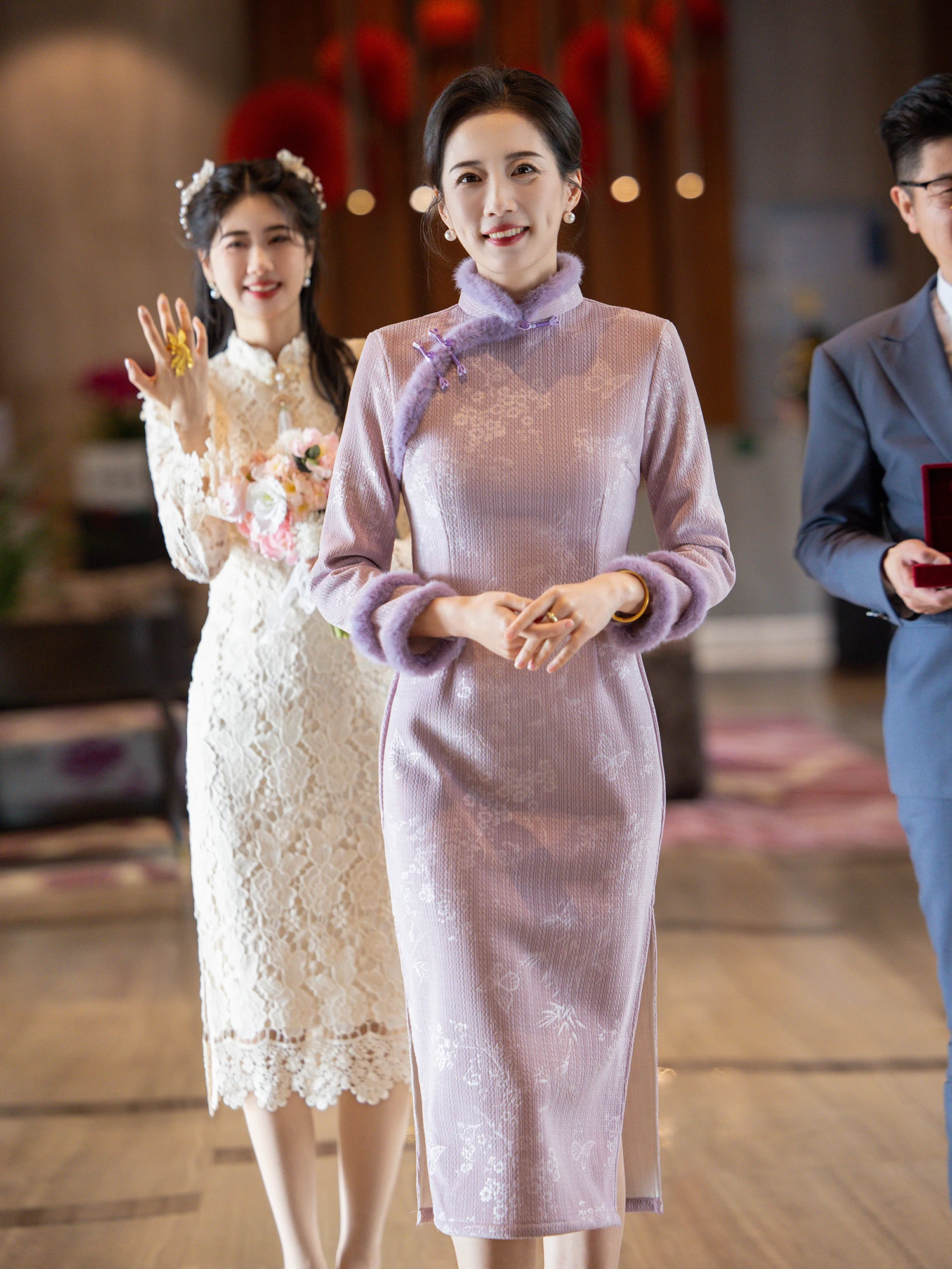 

Purple Winter Long Sve Fro Coat Warm Fitted Year End Conference Retro Sle Wedding Guest Mother of the Bride Gown