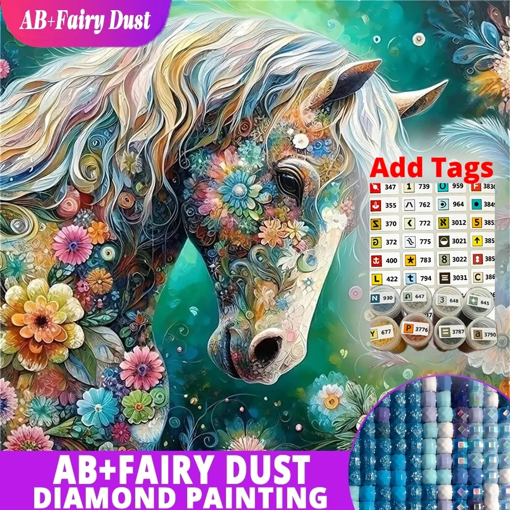 

AB Fairy Dust DMC stickers Diamond Painting Horse Animal Full Round Embroidery Flower Mosaic Art Wall Decor