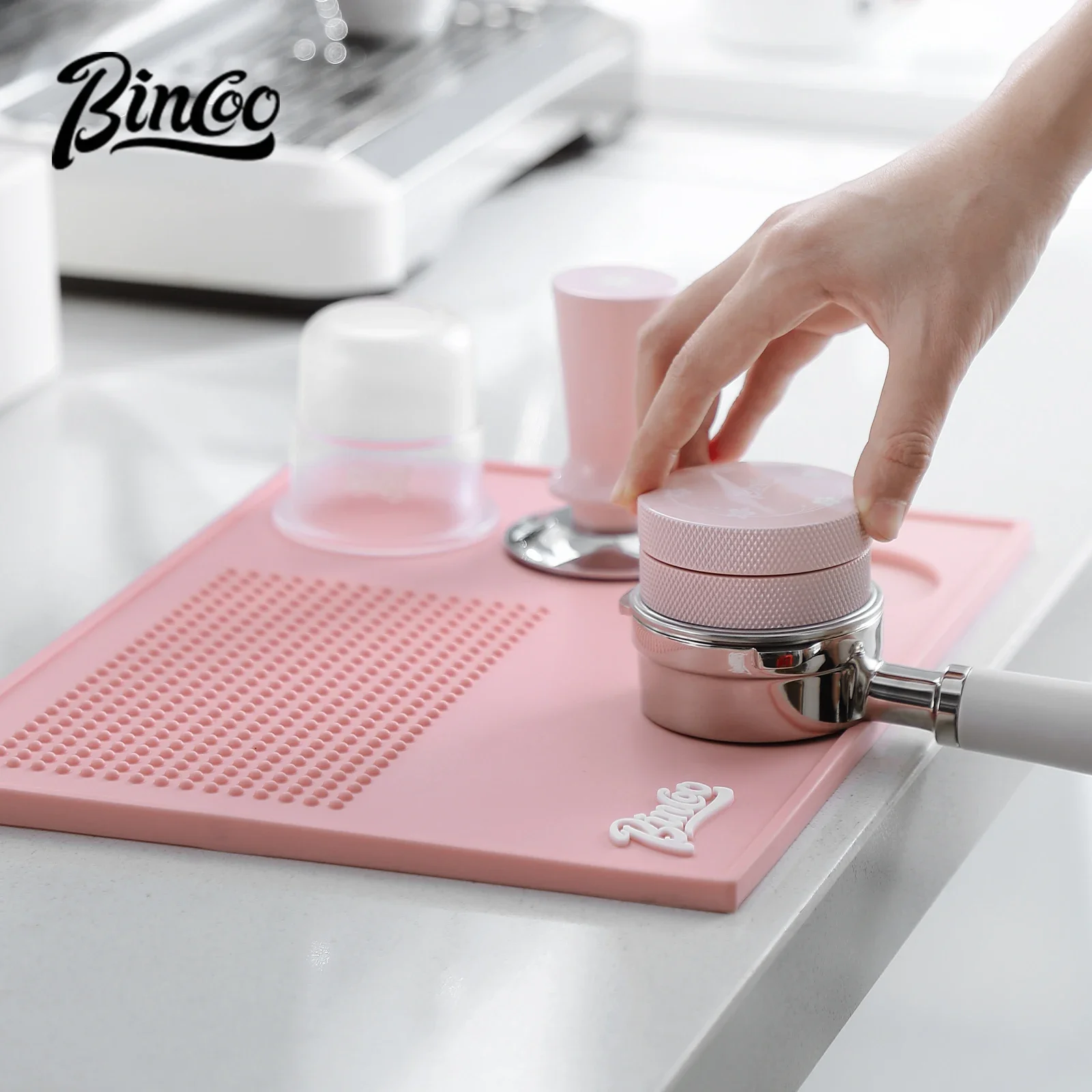 Bincoo 51mm-58mm Espresso Tamping Mat Stand，PVC Non Slip Holder Coffee Powder Press Pad Tool，Barista Tamper Station Mat Pink Set