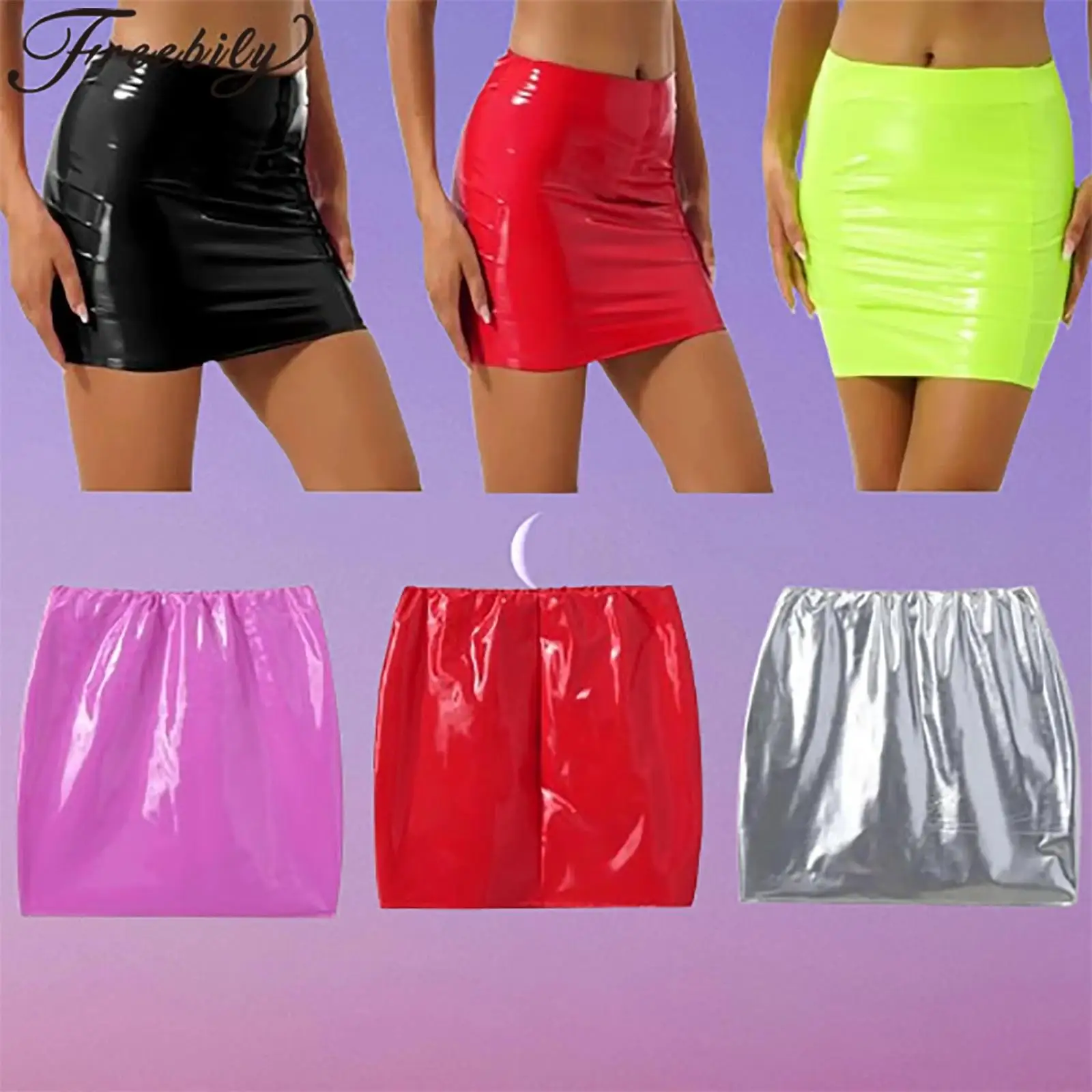 Sexy Women Glossy Latex Skirt Patent Leather Miniskirt Wet Look Clubwear Rave Prom Music Festival Elastic Waistband Pencil Skirt