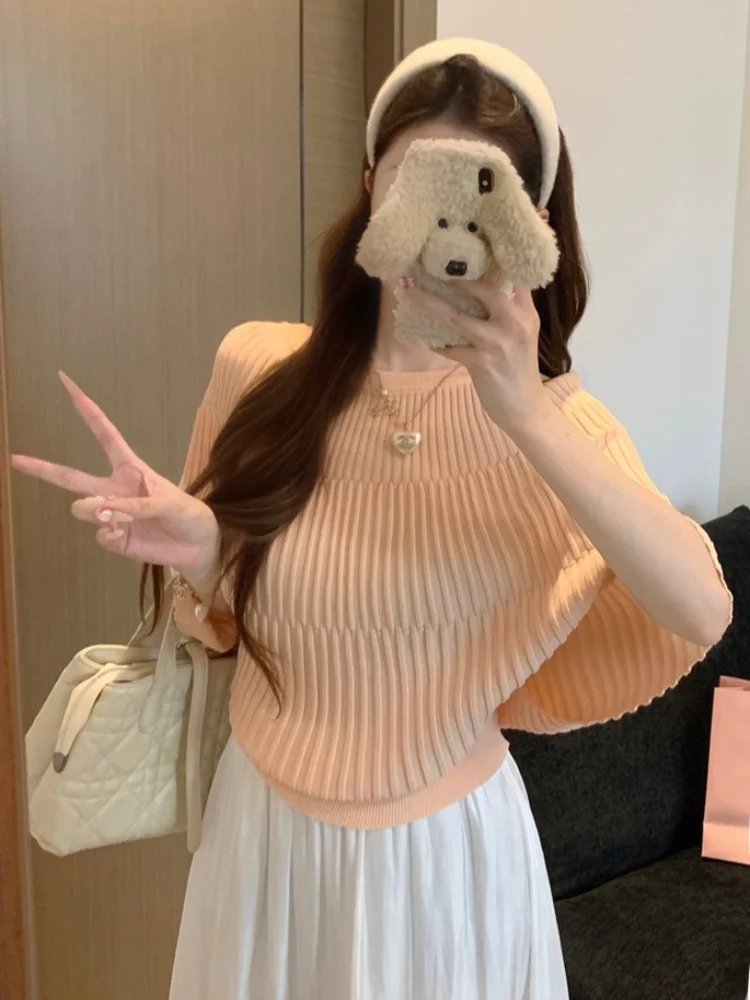 

Korean Style Short Sleeve Knitted Top Women's Summer Thin Fashion Slimming Meat Covering Personality Short Length Shirt