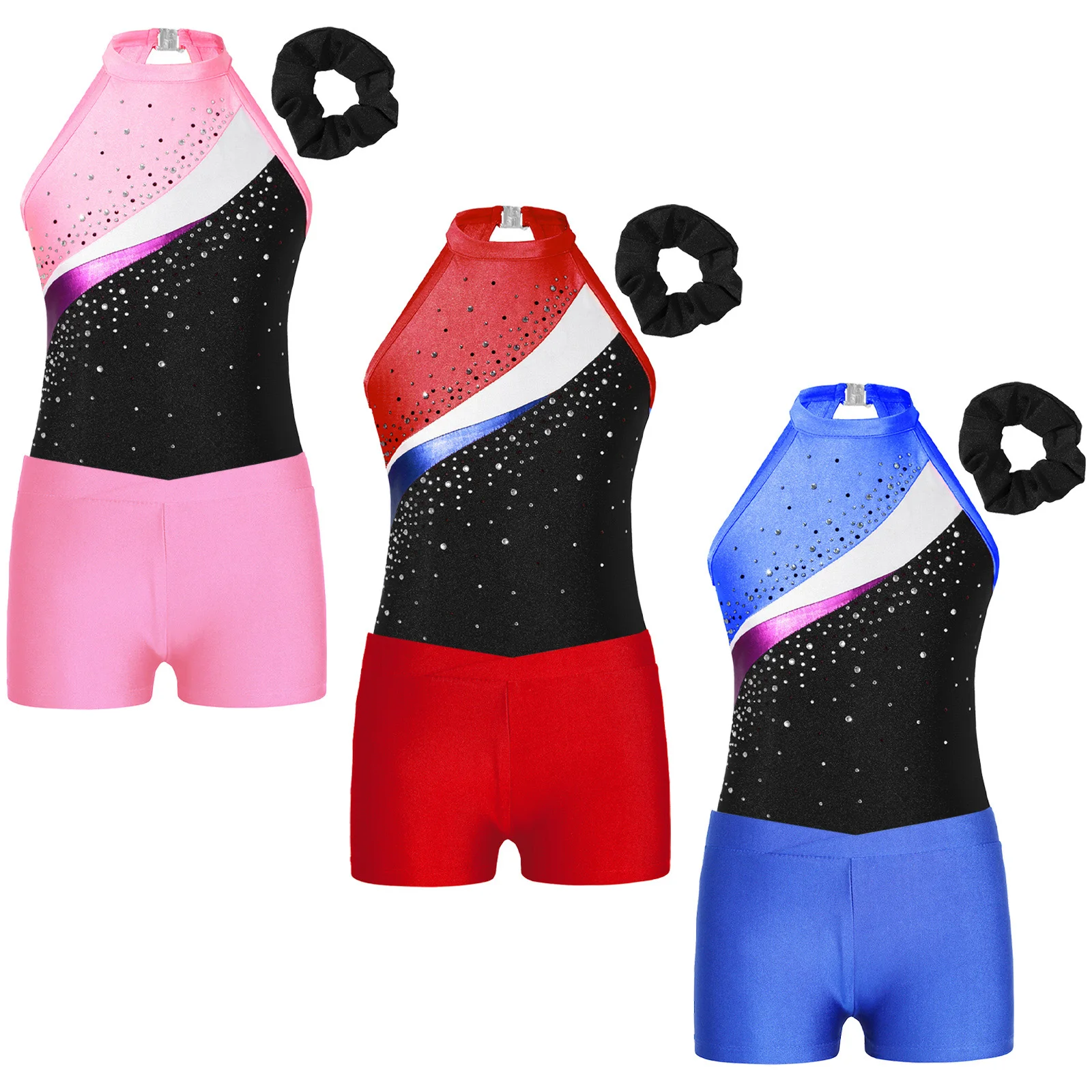 Kids Girls Patchwork Dance Set Rhinestones Decorated Leotard with Hair Band Waistband Shorts for Gymnastics Workout