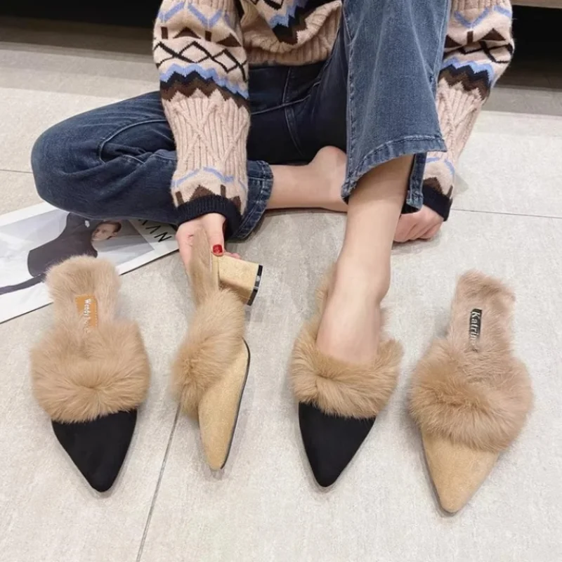 Kobiety Furry Chinelos Ladies Fur Luxury Fluffy Plush Slipper House Soft Fuzzy Indoor Winter Home Women Warm High Heels clapper