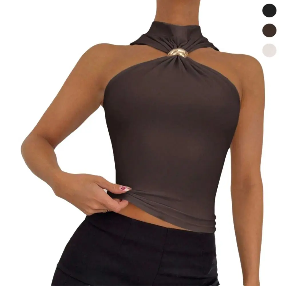 Sexy Ruched Halter Neck Top Stretchy Cropped Sleeveless Tank Top Metal Ring Solid Color Fitted Blouse Summer Outfits