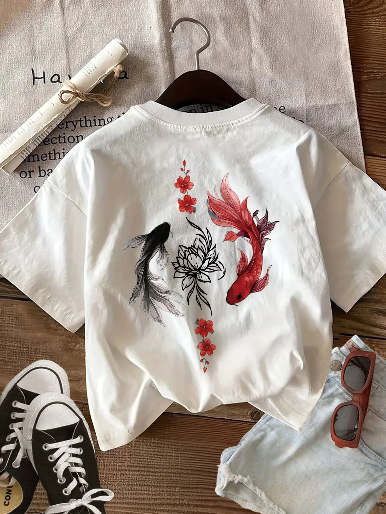 [Double-Sided Print] New Chinese-Style Women'S Summer Clothing with Double-Sided Prints, Featuring Patterns of Koi Fish, Lotus Flowers, And Flower Stems. This Solid-Color Top Is Perfect for Everyday Casual Wear